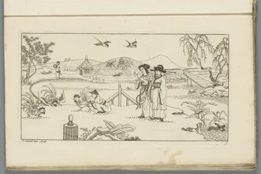 Paisaje con espectadores en una pelea de gallos; Chinos de nueva invención, dibujados con gran esfuerzo y publicados por P. Schenk Jun (...), primera parte (título de la serie)