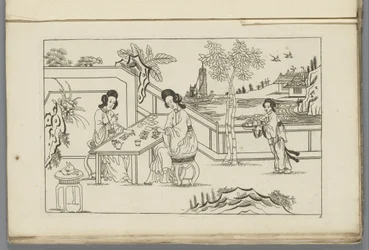 Paisaje con dos mujeres chinas jugando una partida de cartas
Nuevo chino inventado, dibujado con gran dificultad y dado en Lay, por P: Schenk Jun (...), primera parte (título de la serie)