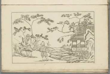 Dos chinos en un paisaje
Nuevo chino inventado, dibujado con gran dificultad y dado en Lay, por P: Schenk Jun (...), primera parte (título de la serie)