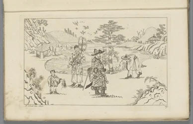 Cuatro figuras chinas en un paisaje
Nuevas figuras chinas inventadas dibujadas con gran dificultad y dadas en Lay, por P. Schenk Jun (...), segundo volumen (título de la serie)