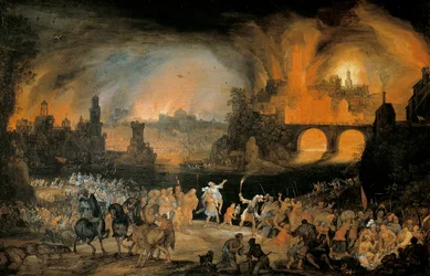 El incendio de la ciudad de Troya. Pintura de Pieter Schoubroeck (1570-1607). 1606. Kunsthistorisches Museum Viena Austria