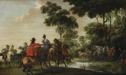 Bandidos asaltando un carro inclinado junto a un arroyo del bosque