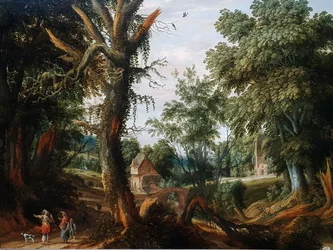 Paisaje arbolado con figuras