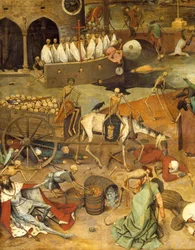 El triunfo de la muerte. La muerte tirando del carro de los cadáveres. Cuerpos de guerreros y reyes yacen en el suelo