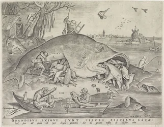Los peces grandes se comen a los pequeños, grabado por Pieter van der Heyden, 1557