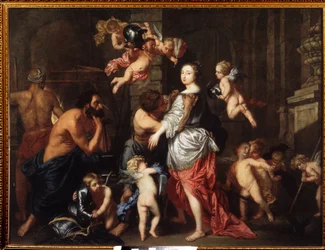 La visita de Venus (Afrodita) a Vulcano (Hefistos). Pintura de Pieter Thies (1624-1677 o 1679). Óleo sobre lienzo