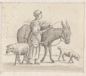 Mujer con un burro, una oveja y un perro