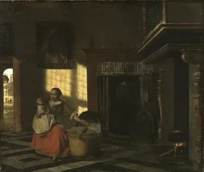 Interior con una madre cerca de una cuna, por Hooch, Pieter, de