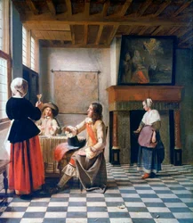 Interior, Mujer bebiendo con dos hombres y una sirvienta