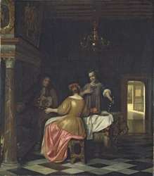 Interior con un caballero y dos damas conversando, c.1668-70 (óleo sobre lienzo)