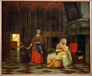 Interior con una madre dando de comer a su hijo y una criada (óleo sobre lienzo)