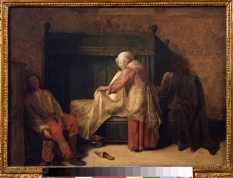""The Morning of a Young Man"" (La mañana de un joven) Un joven preparándose para despertar mientras una criada rehace la cama. En el suelo, una zapatilla y un orinal. Pintura de Pieter de Hooch (1629-1684) 1655-1657 Museo Pushkin, Moscú