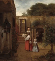 Mujer y niño en un patio