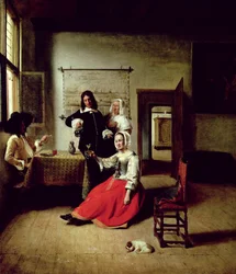Mujer bebiendo con soldados, 1658