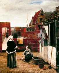 Mujer y su sirviente en una corte