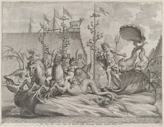 Placa 35: Felipe de España como Neptuno, montado en un carro tirado por dos caballos marinos, de Gu..., 1636