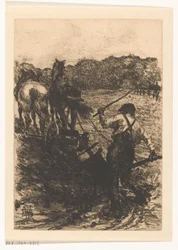 Granjero con dos caballos de labranza