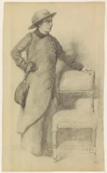 Señora de pie con sombrero y capa