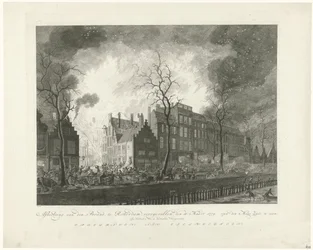 Incendio en Pottery Alley en Rotterdam, 1779 Imagen, van den Brand, ocurrido en Rotterdam, el 11. Marzo de 1779. van den Maas Silk en exhibición (título sobre el objeto)