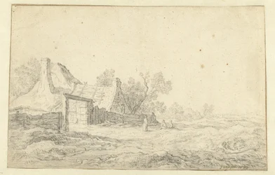 Paisaje de dunas con tres figuras delante de una granja