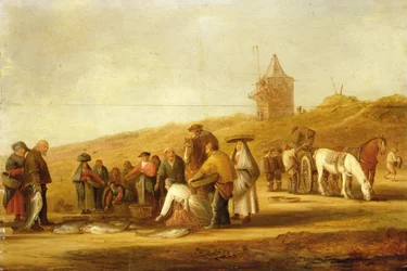 Pescadores vendiendo sus capturas en la playa (óleo sobre lienzo)