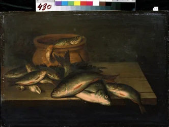"Bodegón con peces" Pintura de Pieter de Putter (circa 1600-1659) Museo de Arte Mikhail Kroshitsky del siglo XVII, Sebastopol (Sebastopol) Ucrania