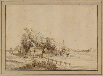 Figuras fuera de una posada, edificios de granja y el poste de un palomar, fuera de Ámsterdam