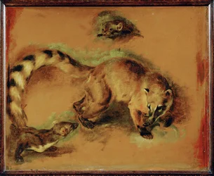 Un coatí y un pequeño roedor (pintura sobre lienzo)