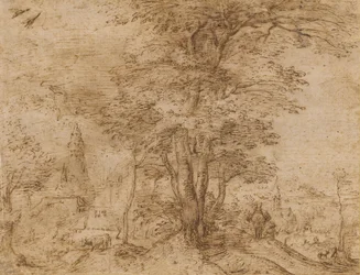 Un pueblo con un grupo de árboles y una mula, c.1552-54