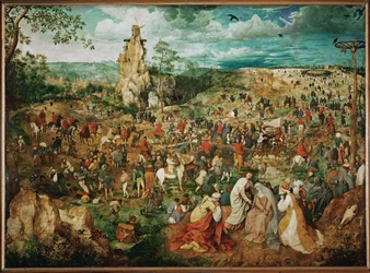 El Transporte de la Cruz con el autorretrato de Bruegel a la derecha del tronco del árbol (pintura sobre madera de roble)