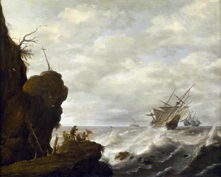 Un barco holandés en un mar turbulento frente a una costa rocosa, c.1640 (óleo sobre madera)