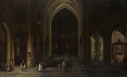 Interior de una iglesia gótica de noche mirando al este