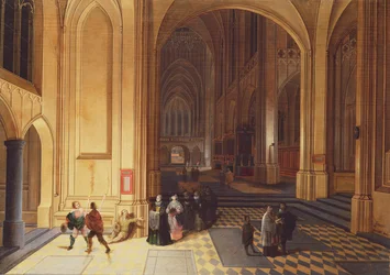 Interior de una catedral con un mendigo y otras figuras