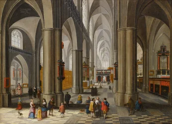 Interior de una catedral con figuras