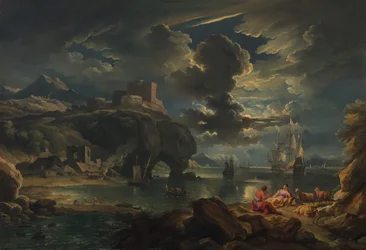 Un paisaje costero mediterráneo a la luz de la luna, c.1700-01