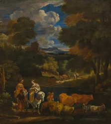 Un paisaje pastoral con viajeros, c.1657-1701 (óleo sobre lienzo)
