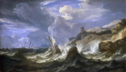 Naufragio en una tormenta cerca de una costa rocosa. Óleo sobre lienzo, mediados del siglo XVII, de Pieter Mulier II el Joven (o Pietro Mulieribus o Pietro Cavaliere Tempesta) (1637-1701).
