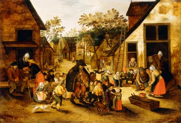 Un músico ciego de zanfoña rodeado de niños en un pueblo, c.1610