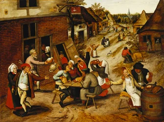 Campesinos festejando fuera de la posada del Cisne en una calle del pueblo, 1630