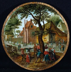 Campesinos bailando alrededor de un árbol en una calle del pueblo, 1625