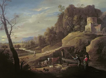 Paisaje con campesinos cuidando sus animales