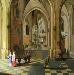 El interior de una catedral gótica con dos mujeres en conversación