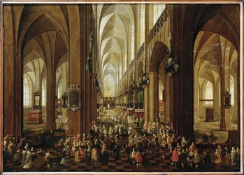 Interior de Notre Dame de Amberes, el archiduque Leopoldo Guillermo recibido por el capítulo (pintura sobre madera de roble)