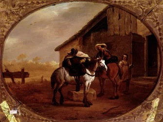 Salida del hotel. Dos jinetes montan sus caballos después de una parada en una posada. Pintura de Pieter Van Laer dit Bamboccio (1592/5-1642) (ec.holl.) Siglo XVII. París, museo del Louvre