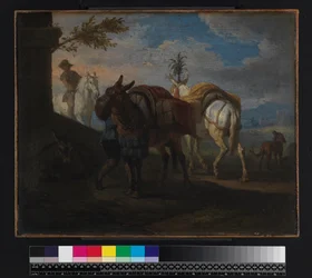 Mulas deteniéndose al borde del camino, antes de 1720