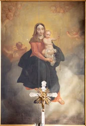 Vista interior, cuadro "Nuestra Señora con el Niño y el Rosario", retablo del altar mayor de Pierre Van Hanselaere