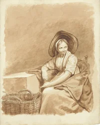Chica sentada con un gran sombrero y una cesta