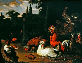 Un gallo, gallinas, pollitos y patos en un jardín