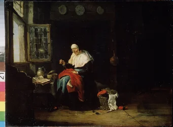 La costura. Una anciana frente a una ventana cose una tela roja. Lleva gafas. Pintura de Pieter Van Noort (1602- después de 1662)