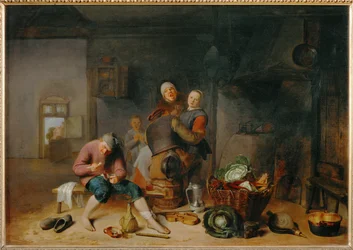 Interior de una granja, una pelea (pintura sobre madera de roble)